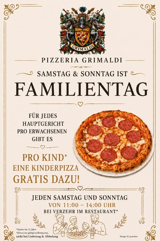 Familientag bei Pizzeria Grimaldi: Jeden Samstag und Sonntag von 11:00 bis 14:00 Uhr gibt es für jedes Hauptgericht pro Erwachsenem eine Kinderpizza gratis pro Kind bis 12 Jahre.